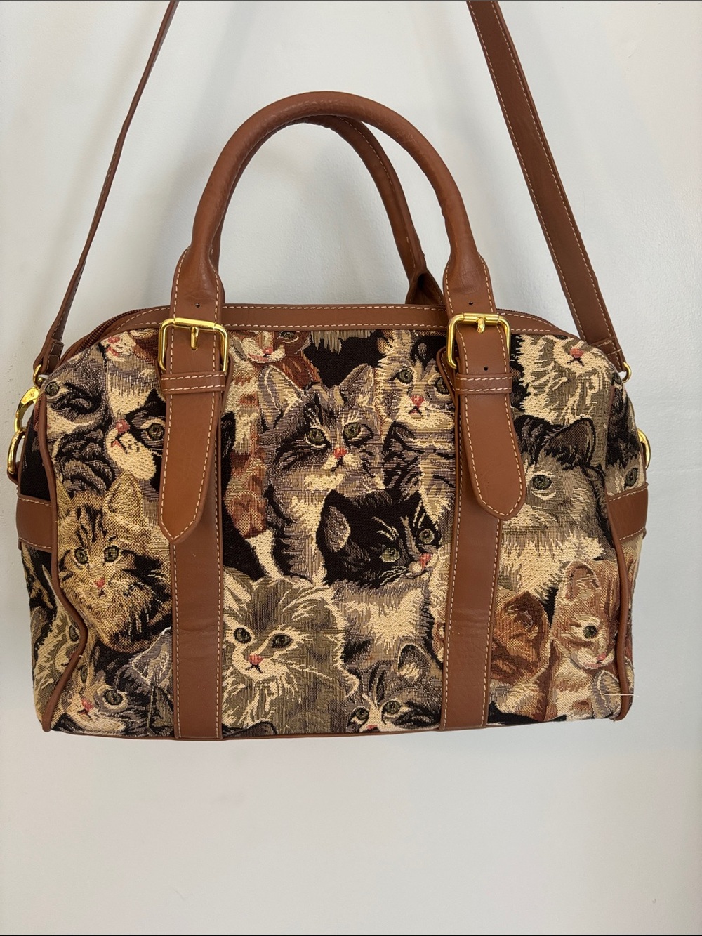Kittens Tapestry Satchel Handbag with Brown Trim